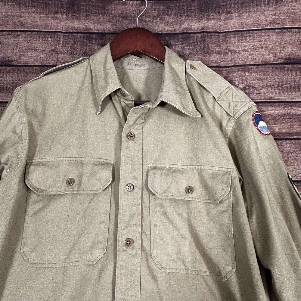 Vintage 50s US Army Khaki Twill Button Down Shirt Patches Mens Korean War WWII